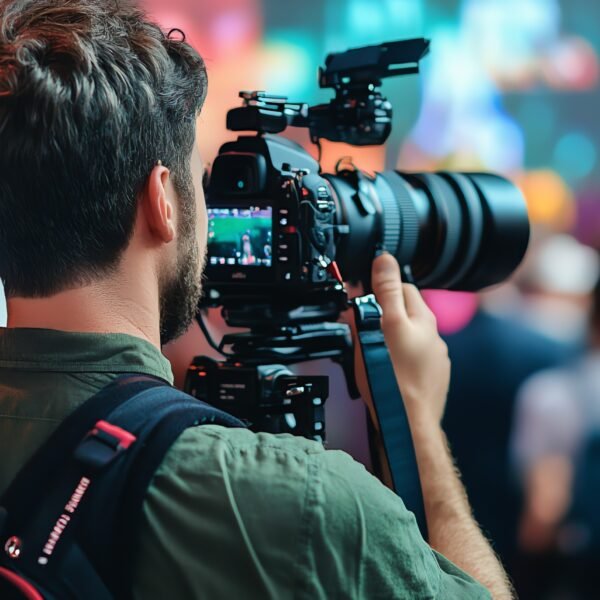 man films crowd with professional video camera